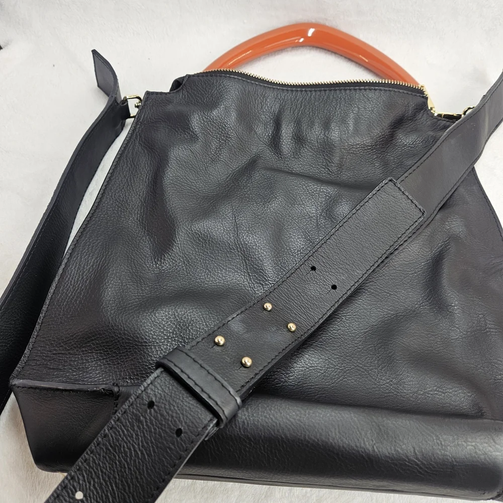 Black Leather Bag with Orange Handle